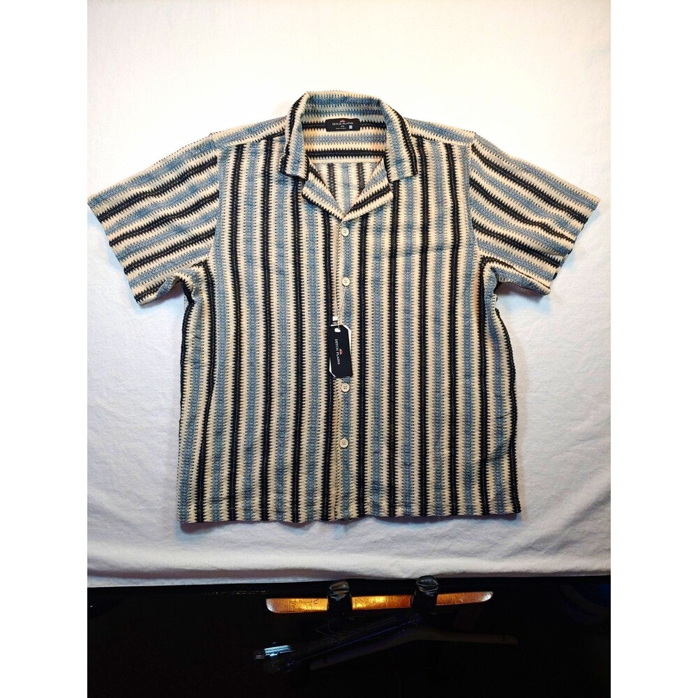 Ditch Plains Men’s Short Sleeve Knit Striped Button Up Shirt 2XL Gray Blue